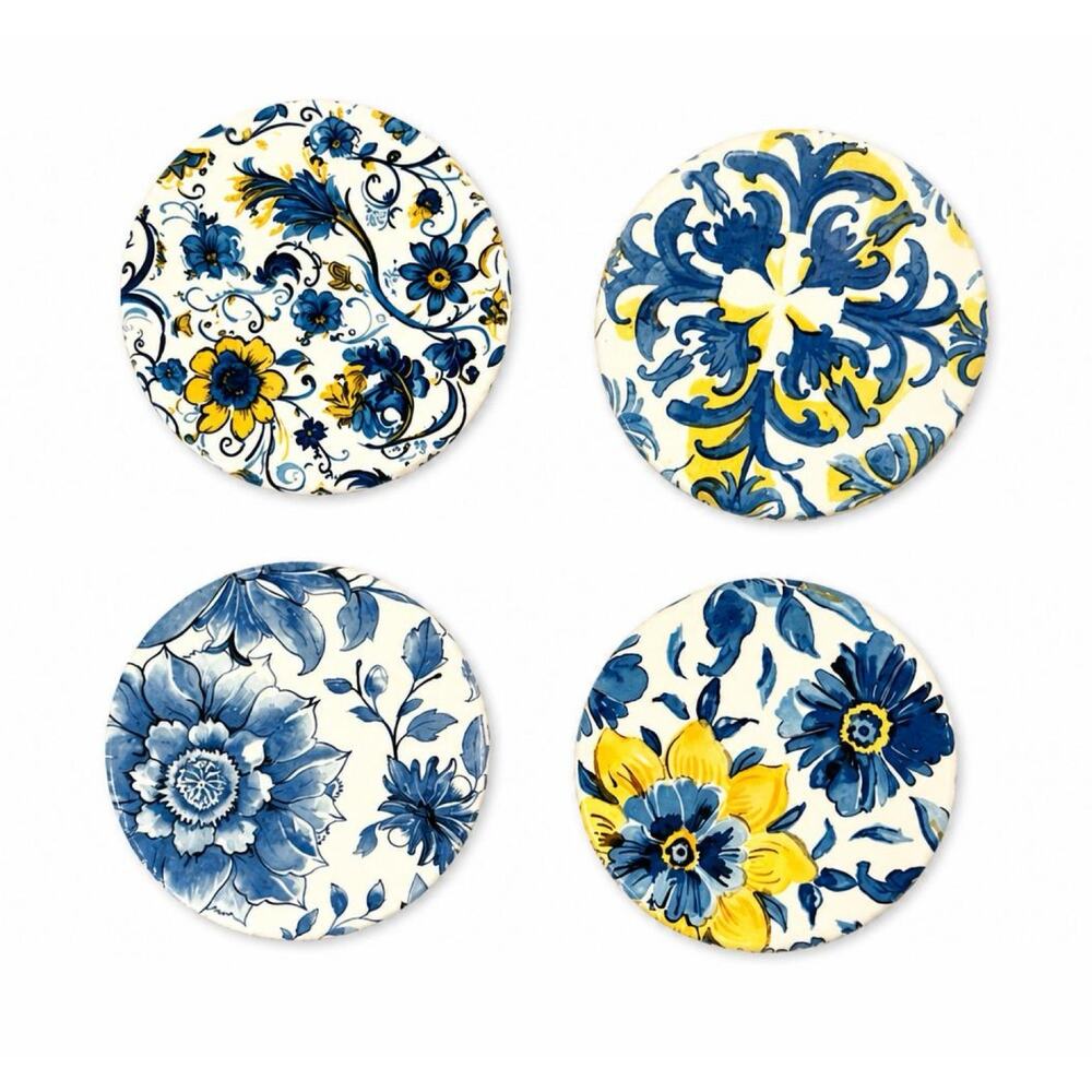 Mediterranean Coasters | Floral Round Wood Coaster Set of 4 | Italian Coasters - Picture 2 of 4